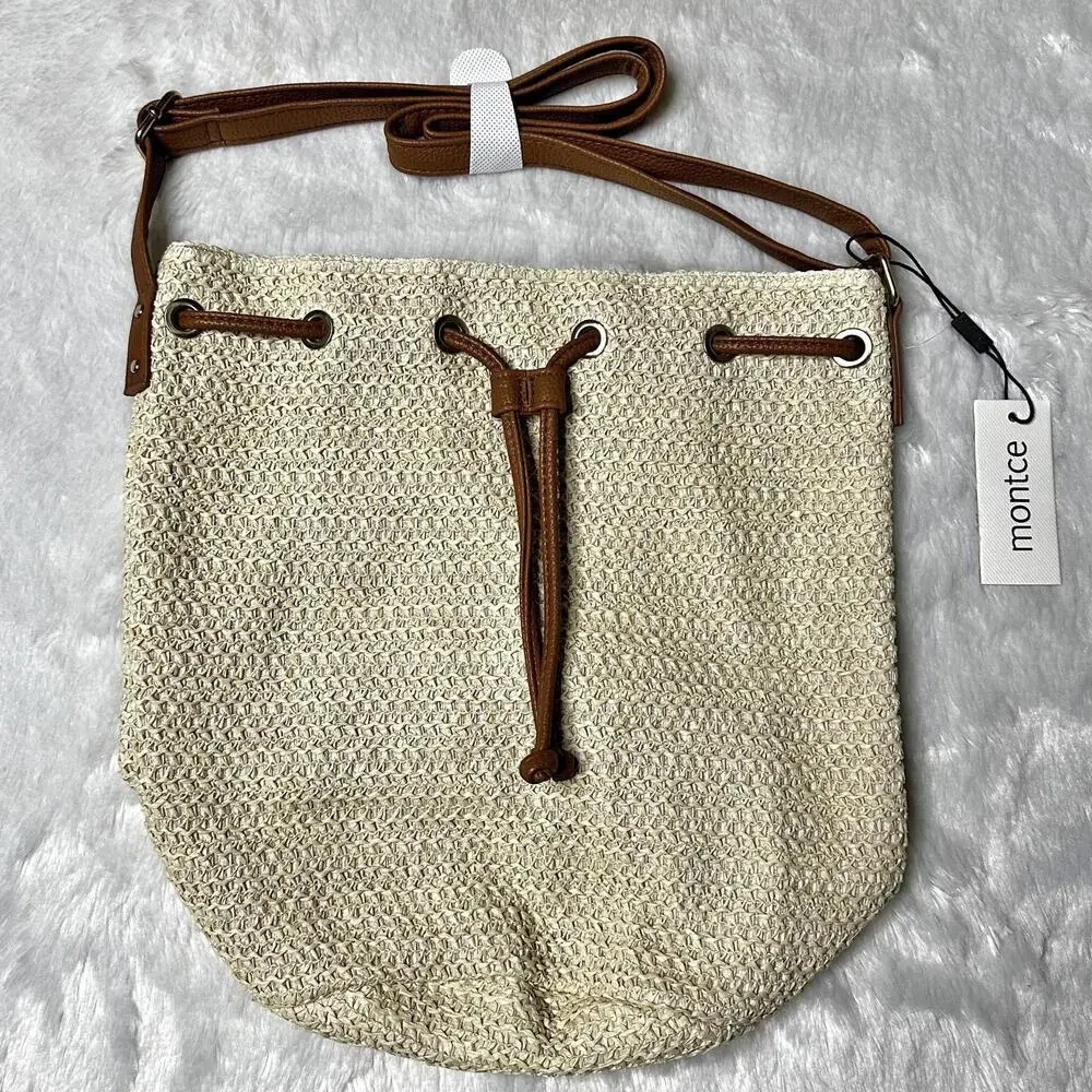 NWT Montce Women's Beige Bucket Bag Adjustable Strap 12.5x9x9”